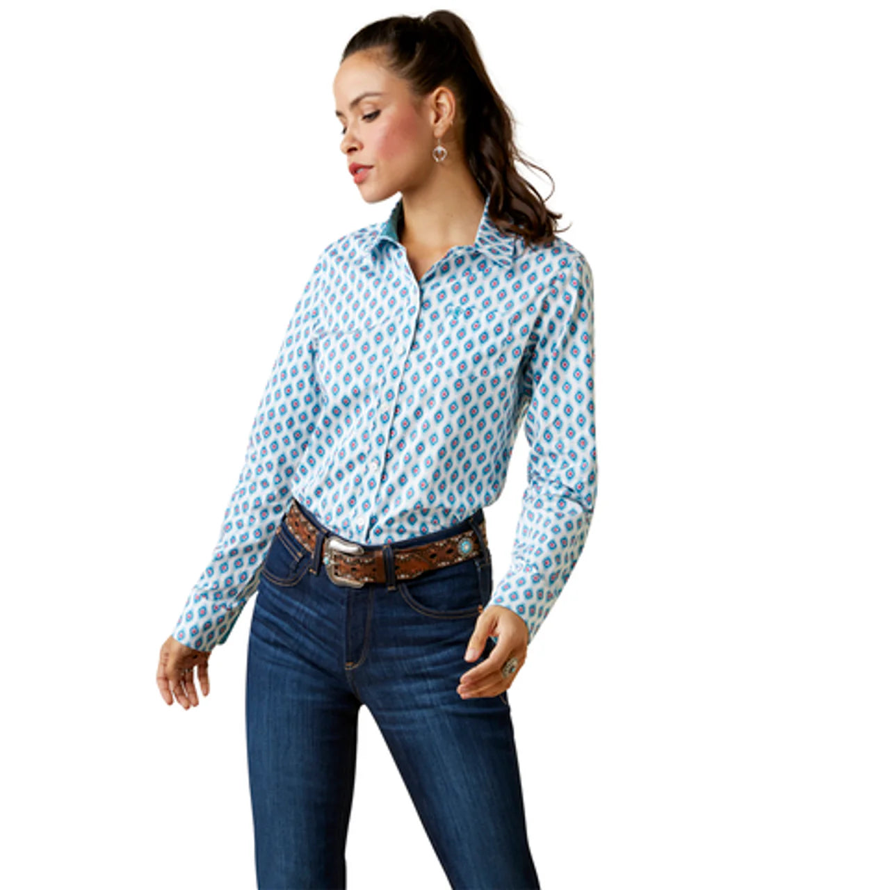 Camisa Ariat Para Dama Blanca Con Diseno Azul 10043474